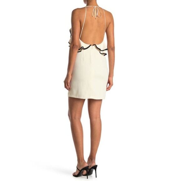 NEW HALSTON Women Ivory High Halter Black Border Ruffle Mini Dress - Picture 3 of 5